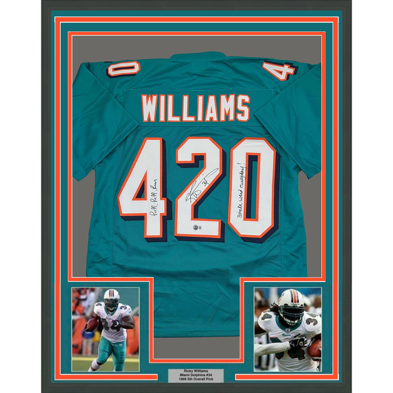 Framed Autographed/Signed Ricky Williams 35x39 Smoke Weed Everyday Puff Puff Run #420 Inscribed Miami Teal Football Jersey Beckett BAS COA