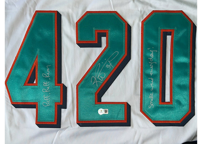 Ricky Williams Signed White Miami Jersey “Puff Puff Run” 2 Insc Beckett