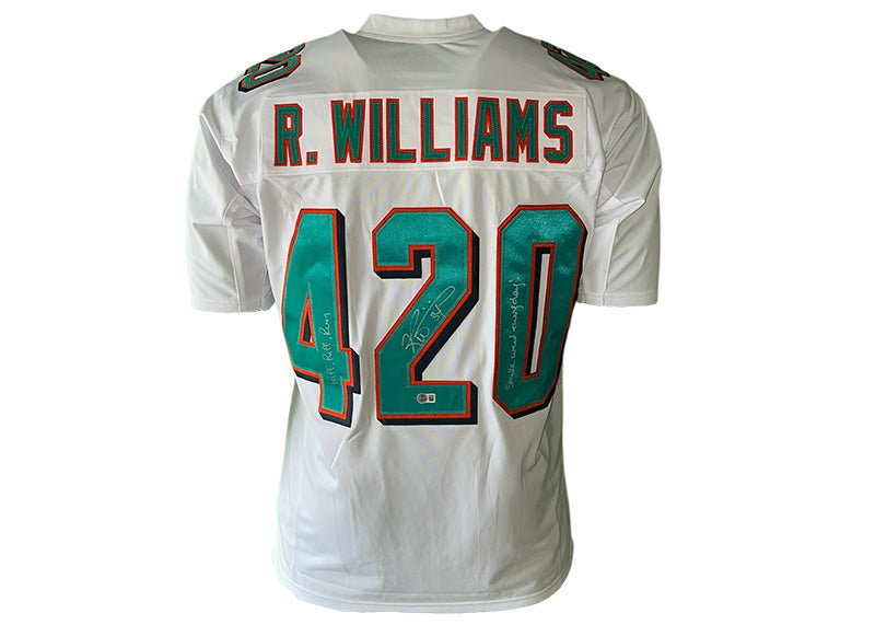 Ricky Williams Signed White Miami Jersey “Puff Puff Run” 2 Insc Beckett
