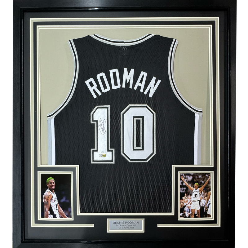 Framed Autographed/Signed Dennis Rodman 35x39 San Antonio Black Basketball Jersey PSA/DNA COA