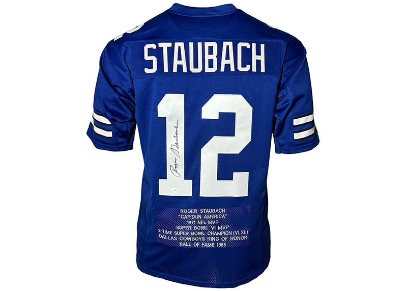 Roger Staubach Signed Dallas Blue Stat Football Jersey JSA