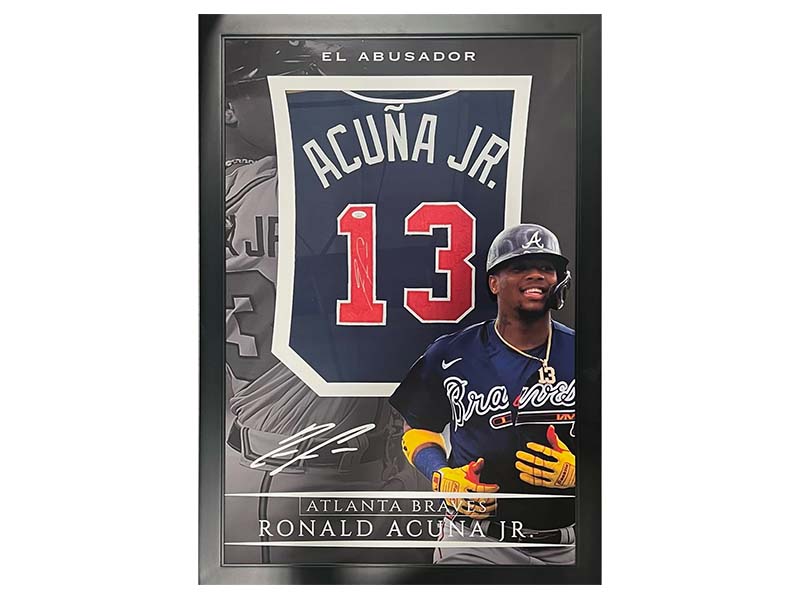 Ronald Acuna Jr. Autographed Blue Atlanta Framed Baseball Jersey 40x27 (JSA)