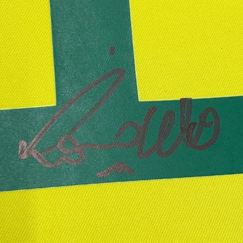 Framed Autographed/Signed Ronaldo Nazario 35x39 Brazil Yellow Soccer Jersey Beckett BAS COA