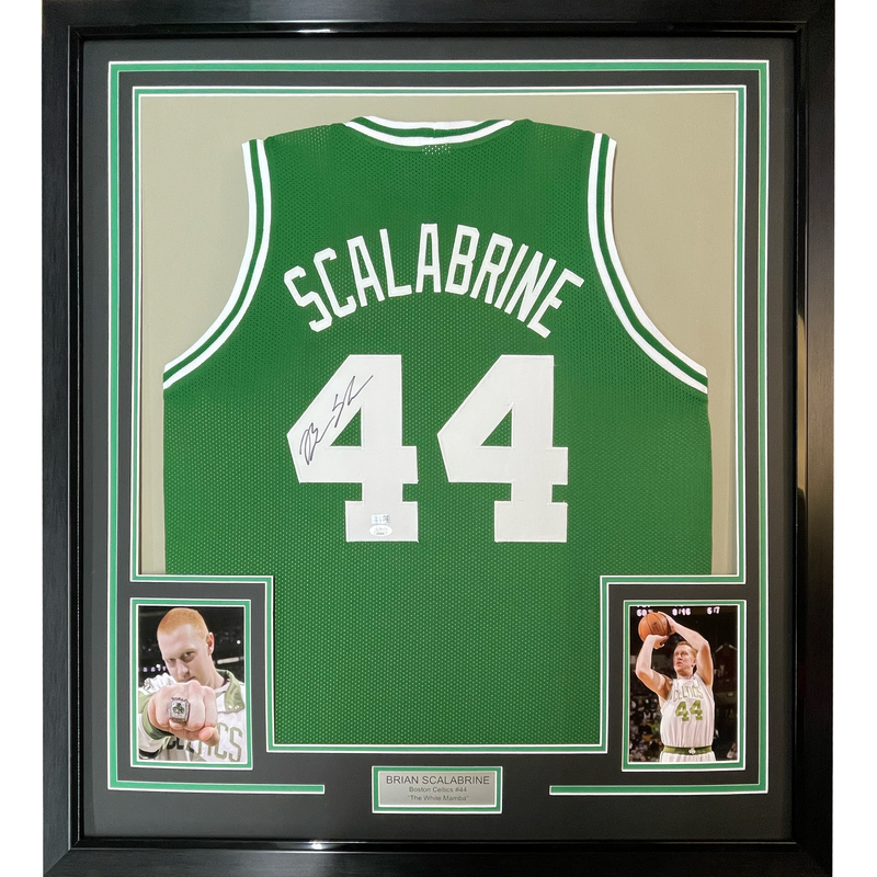 Framed Autographed/Signed Brian Scalabrine 35x39 Boston Green Basketball Jersey JSA COA