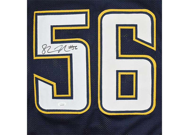Shawne Merriman Signed San Diego Blue Football Jersey (JSA)