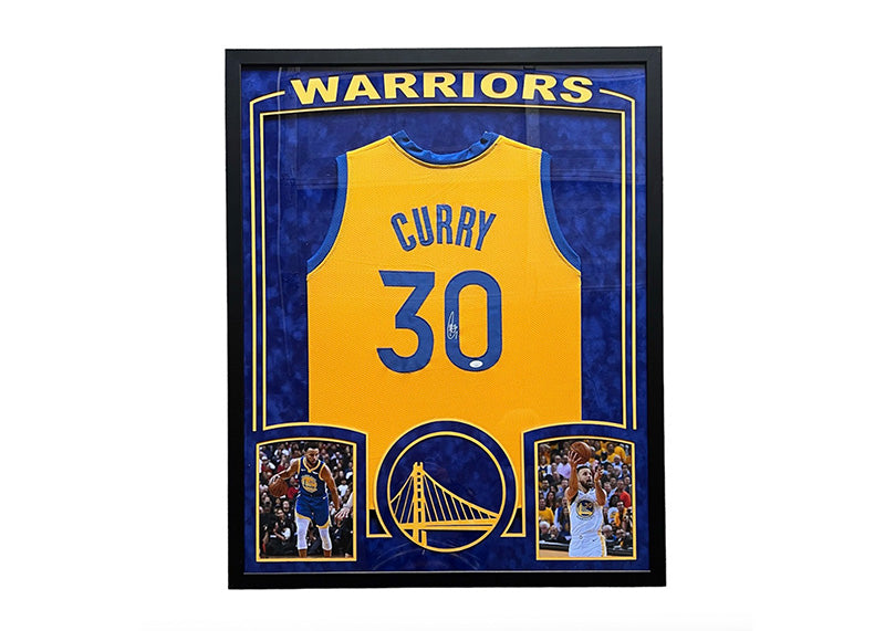Steph Curry Signed 34x42 Yellow Framed Basketball Jersey JSA