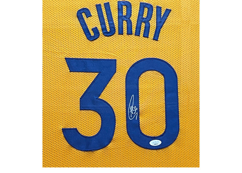 Steph Curry Signed 34x42 Yellow Framed Basketball Jersey JSA