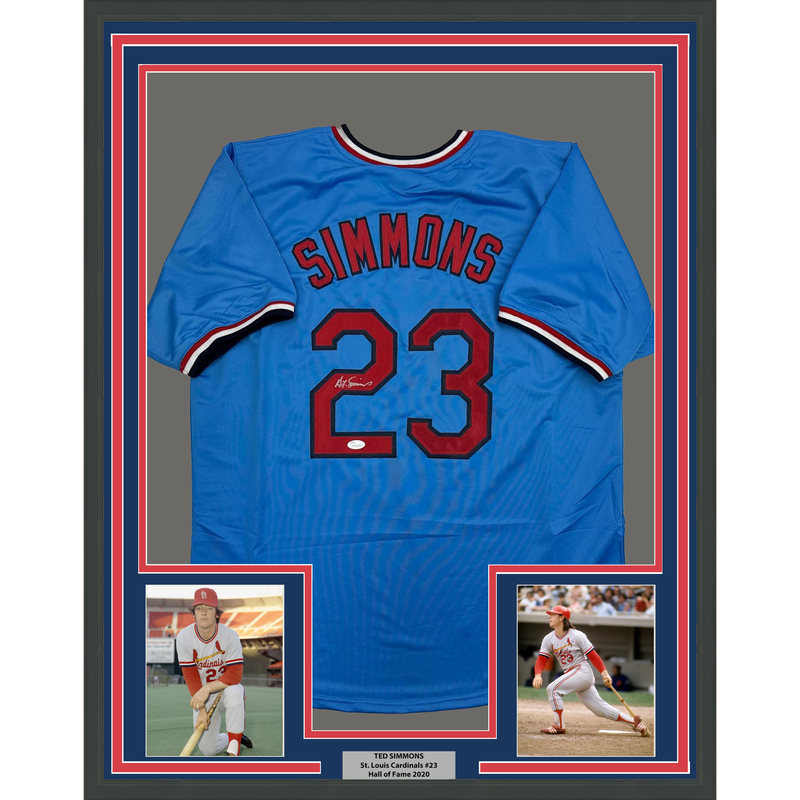 Framed Autographed/Signed Ted Simmons 35x39 St. Louis Blue Baseball Jersey JSA COA
