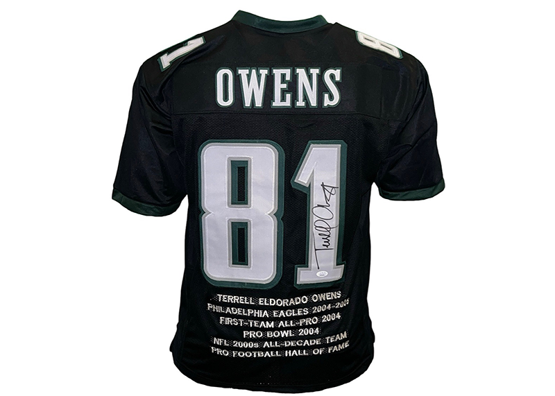 Terrell Owens Autographed Custom Black Stat Football Jersey (JSA)