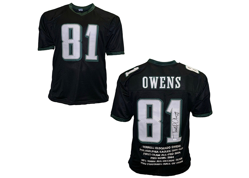 Terrell Owens Autographed Custom Black Stat Football Jersey (JSA)