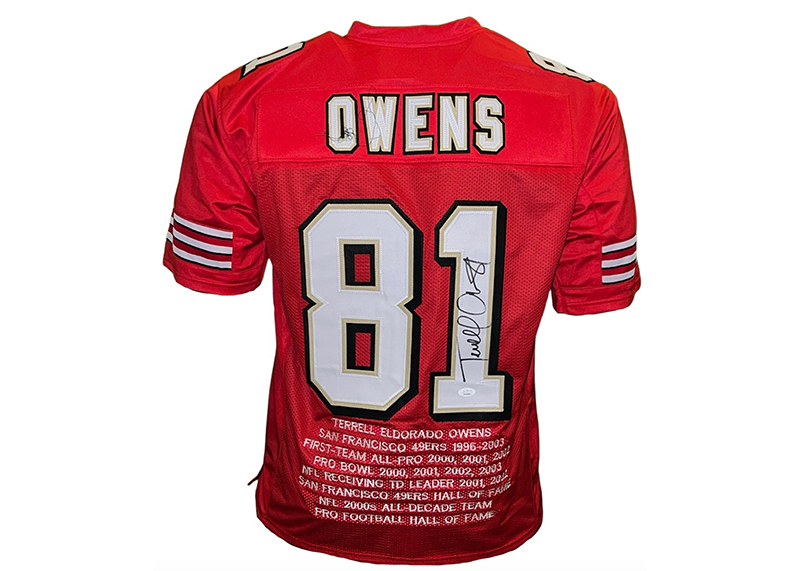 Terrell Owens Autographed San Francisco Red Stat Football Jersey (JSA)
