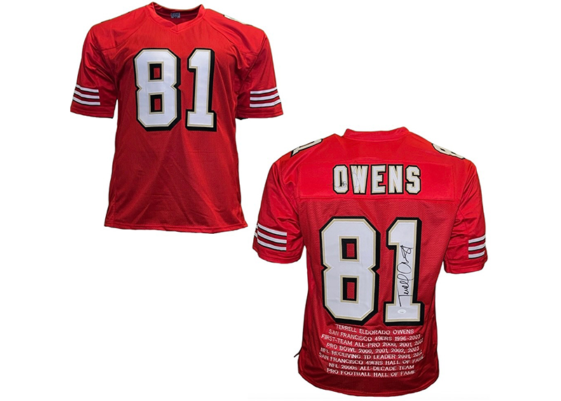 Terrell Owens Autographed San Francisco Red Stat Football Jersey (JSA)