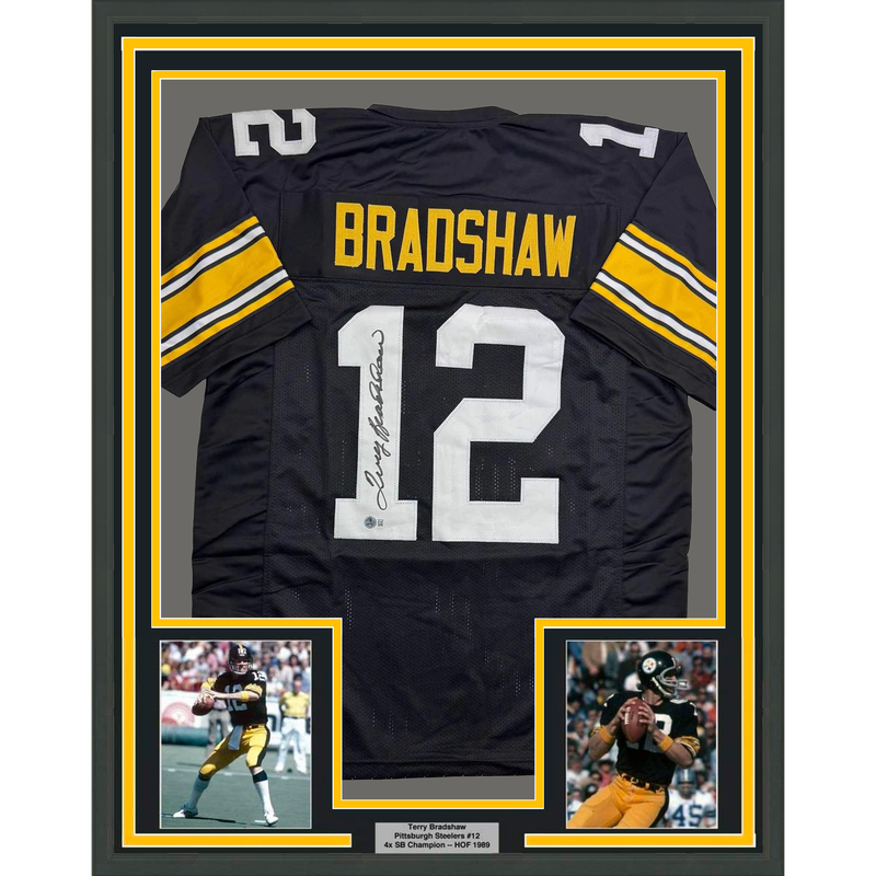 Framed Autographed/Signed Terry Bradshaw 35x39 Pittsburgh Black Football Jersey Beckett BAS COA