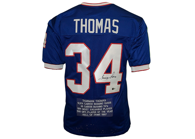 Thurman Thomas Signed Buffalo Blue Stat Football Jersey Beckett