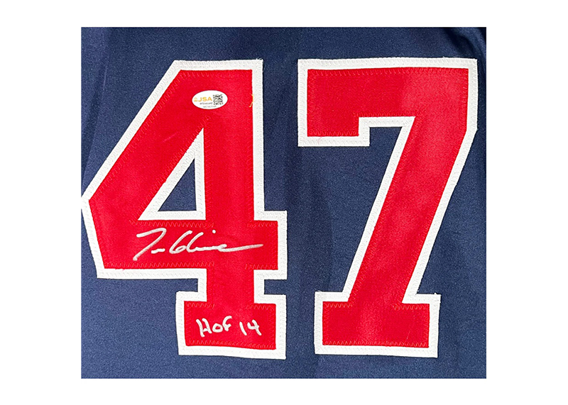 Tom Glavine Signed HOF 14 Inscription Atlanta Navy Baseball Jersey JSA