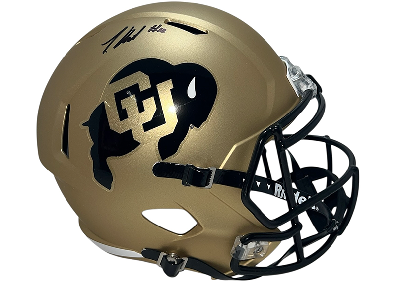 Travis Hunter Signed Colorado Buffaloes Speed Full-Size Replica Gold Football Helmet (Beckett)