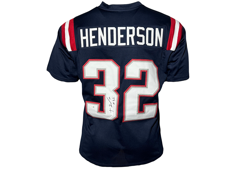 TreVeyon Henderson Signed New England Blue Football Jersey JSA