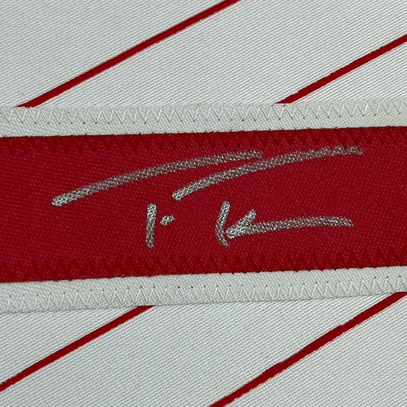 Framed Autographed/Signed Trea Turner 35x39 Philadelphia Pinstripe Baseball Jersey Beckett BAS COA