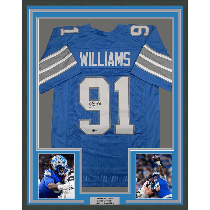 Framed Autographed/Signed Tyleik Williams 35x39 Detroit Blue Football Jersey Beckett BAS COA