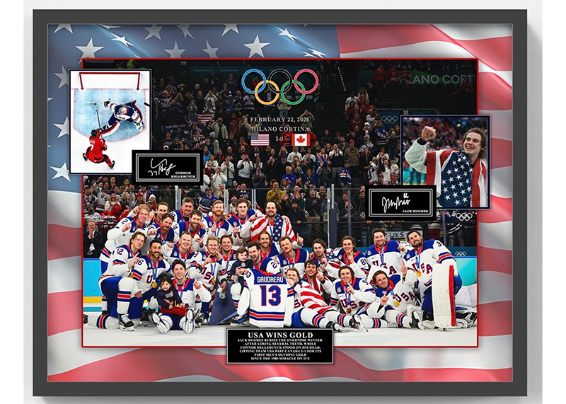 USA Hockey 2026 Olympic Gold Framed Photo Collage Hughes Hellebuyck Laser Auto