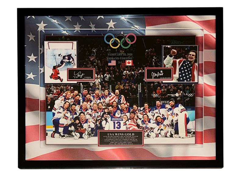 USA Hockey 2026 Olympic Gold Framed Photo Collage Hughes Hellebuyck Laser Auto