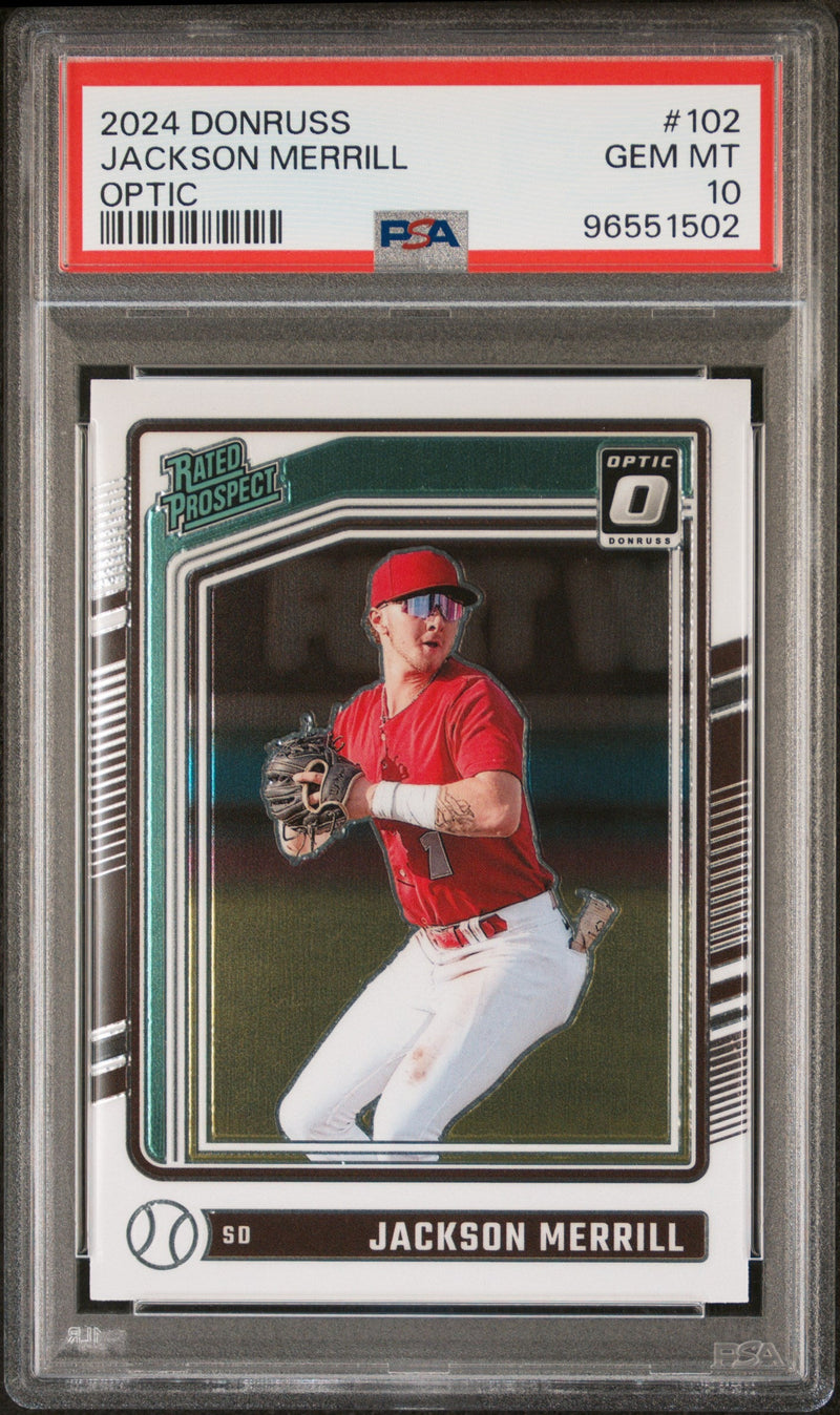 Graded 2024 Panini Donruss Jackson Merrill #102 Optic Rookie RC Baseball Card PSA 10 Gem Mint