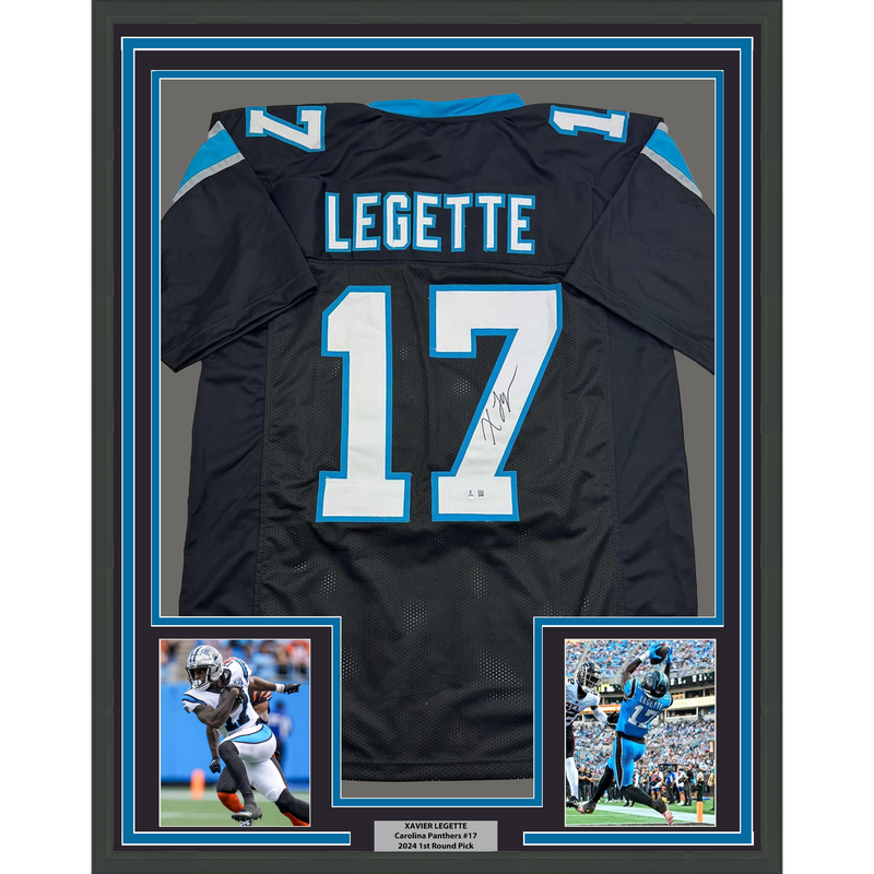 Framed Autographed/Signed Xavier Legette 35x39 Carolina Black Football Jersey Beckett BAS COA