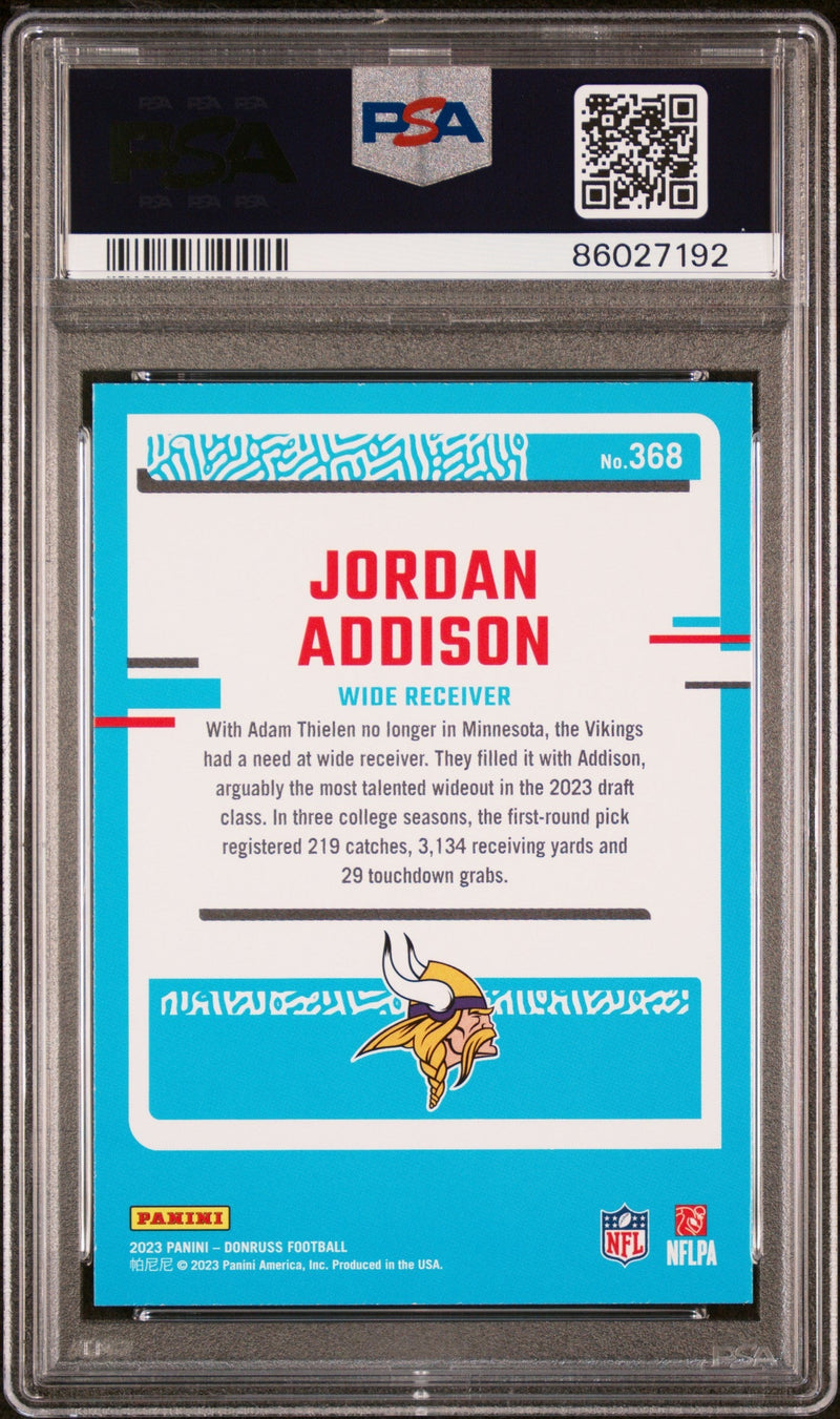 Graded 2023 Panini Donruss Jordan Addison #368 Rookie RC Football Card PSA 10 Gem Mint