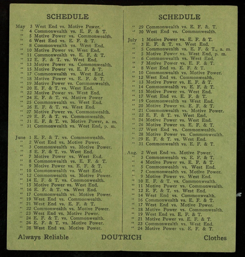 Doutrichs 1920 West End Twilight Base Ball League 2.5x5 Pocket Schedule