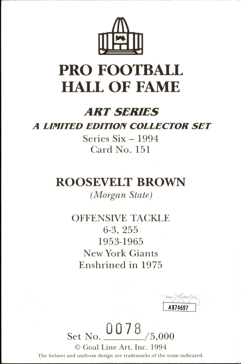 Roosevelt Brown HOF Autographed Goal Line Art GLAC Postcard New York Giants JSA