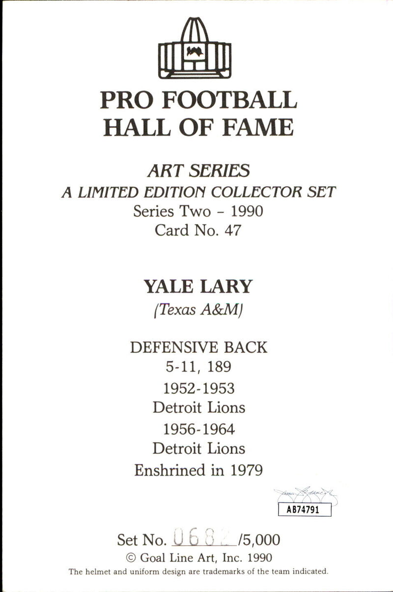 Yale Lary HOF Autographed Goal Line Art GLAC Postcard Detroit Lions JSA