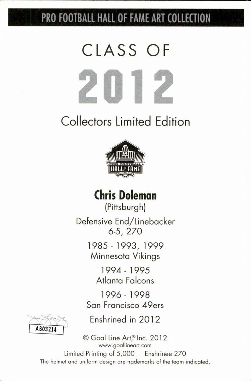 Chris Doleman HOF Vikings Signed/Inscr Goal Line Art GLAC Postcard JSA 167103