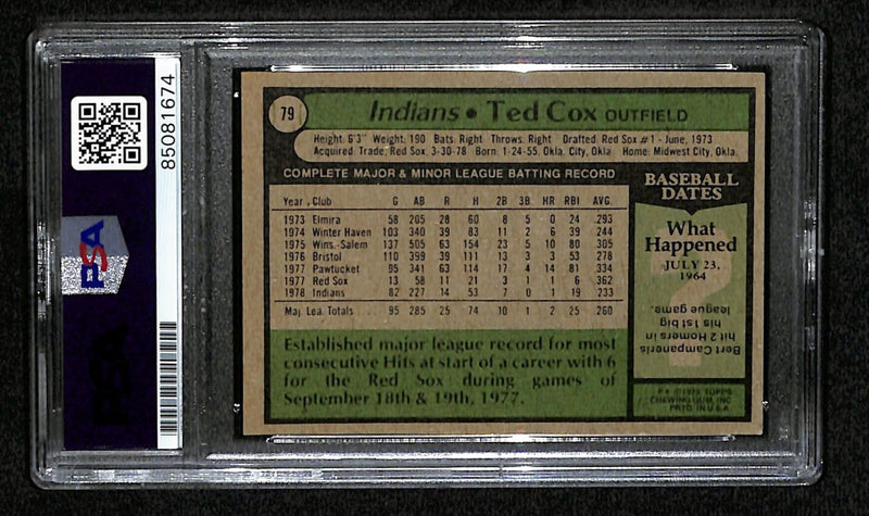 Ted Cox Signed 1979 Topps Card #79 Cleveland Indians PSA/DNA 184541