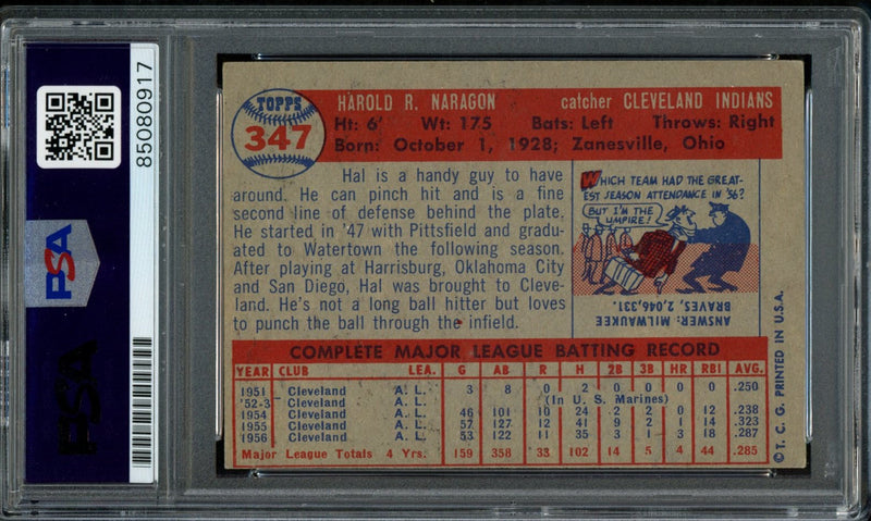 1957 TOPPS Hal Naragon #347 Auth Card Signed Cleveland Indians PSA/DNA 184092