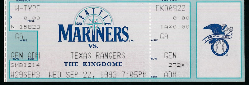 Nolan Ryan Rangers Full Ticket September 22, 1993 Mariners vs. Rangers 186492