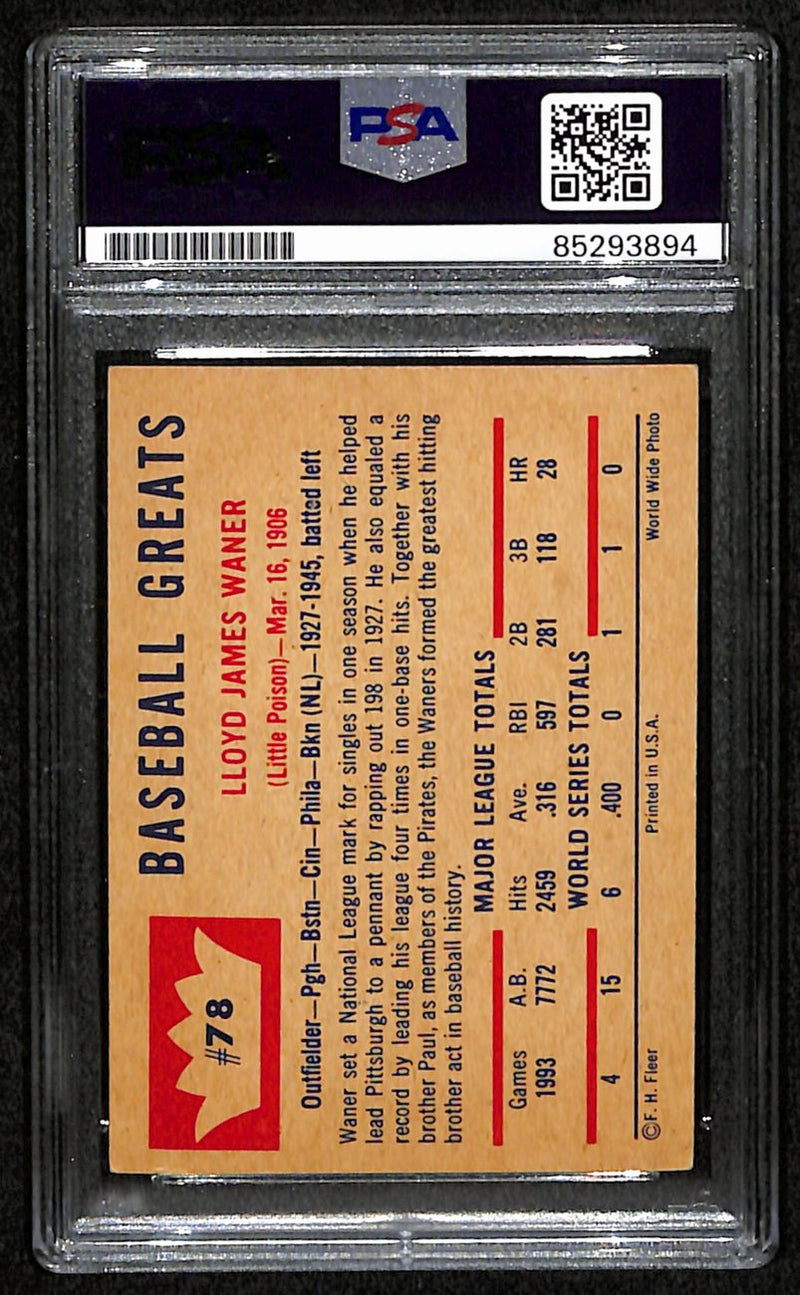 Lloyd Waner HOF Signed/Autographed 1960 Fleer Card #78 Pirates PSA/DNA 190654