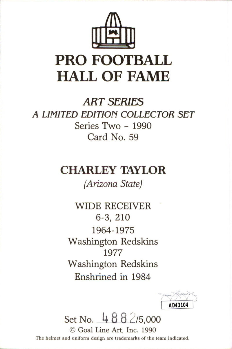Charley Taylor HOF Autographed Goal Line Art GLAC Postcard Redskins JSA