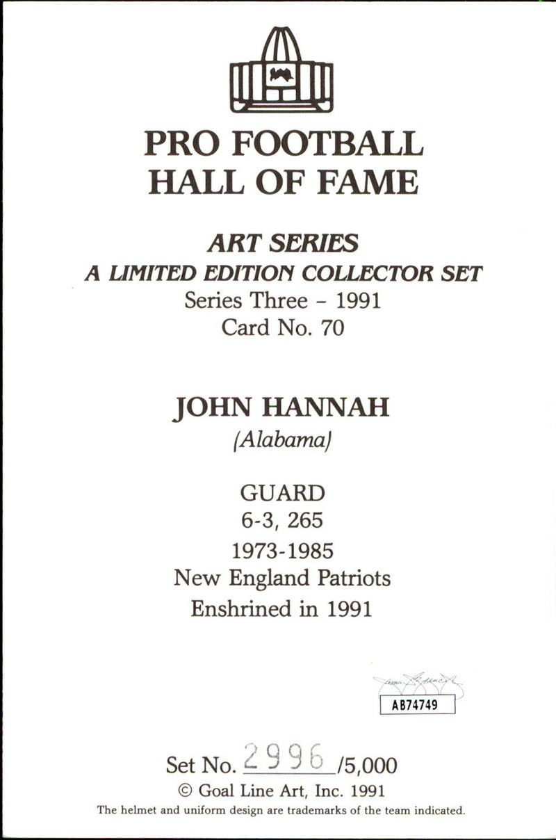 John Hannah HOF Autographed/Inscr Goal Line Art GLAC Postcard Patriots JSA
