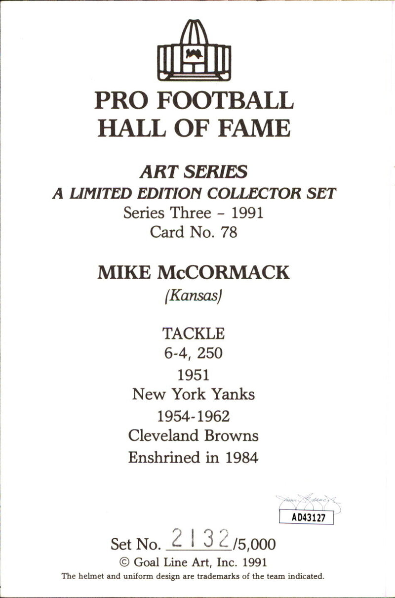 Mike McCormack HOF Autographed Goal Line Art GLAC Postcard Browns JSA
