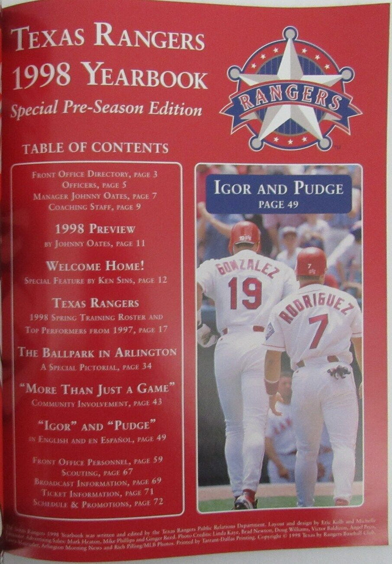 1998 Texas Rangers Yearbook with Juan Gonzalez & Ivan Rodriguez 165077