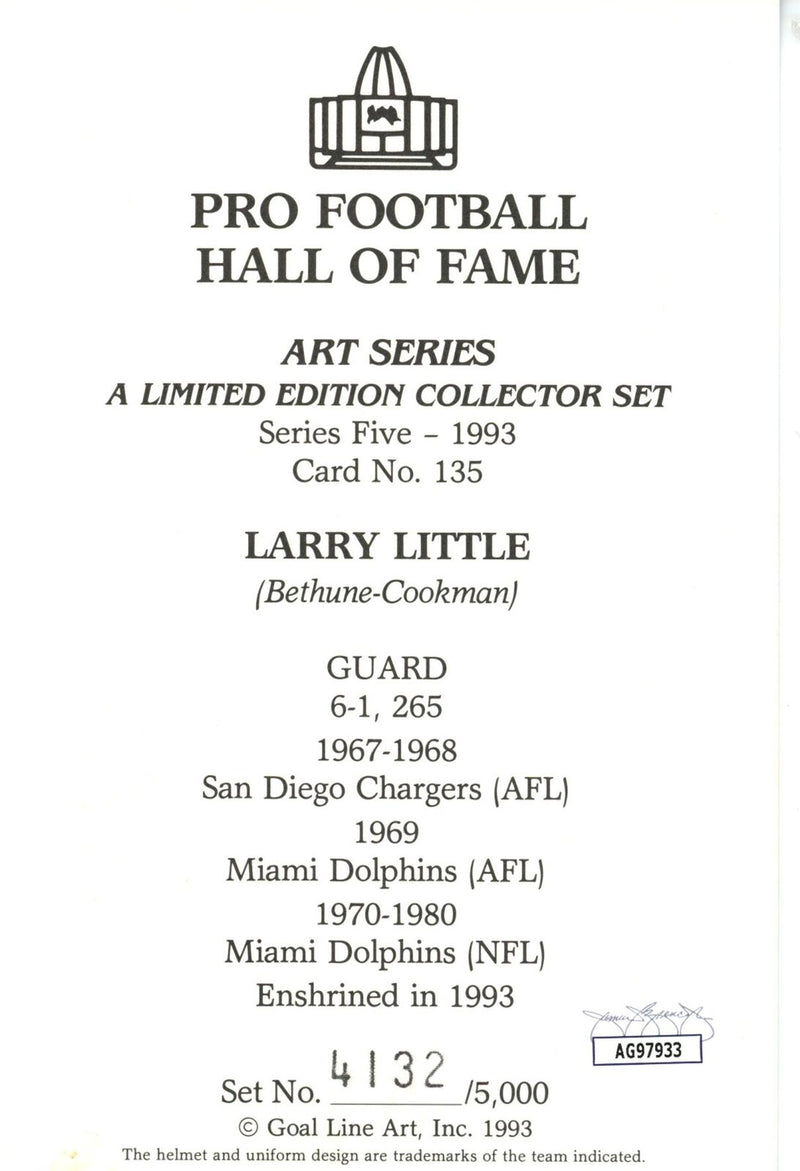 Larry Little HOF Autographed/Inscr Goal Line Art GLAC Postcard Dolphins JSA