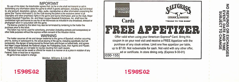 Barry Bonds Homerun #70 Full Ticket Giants vs Astors 10/4/2001 187603