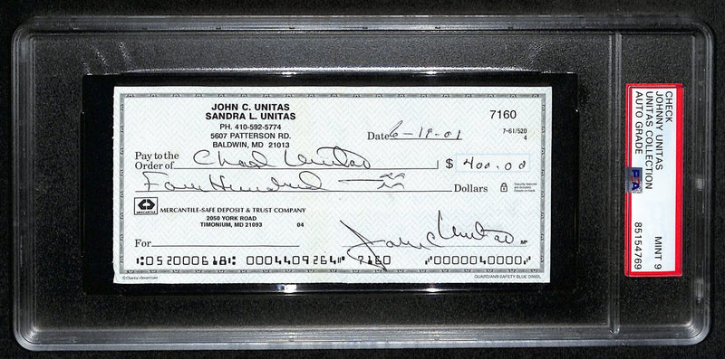 Johnny Unitas HOF Signed/Auto 2001 Bank Check Colts PSA/DNA MINT 9 192617