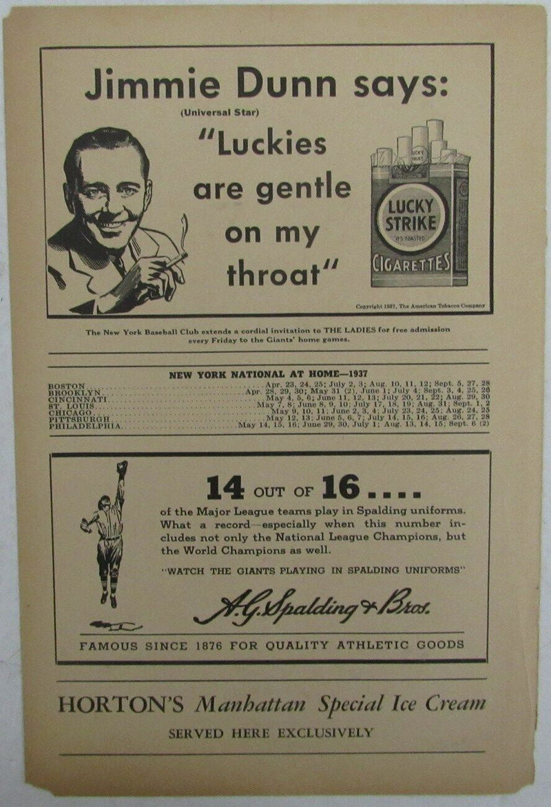 1937 New York Giants MEL OTT  vs. Brooklyn Dodgers Score Card 148922