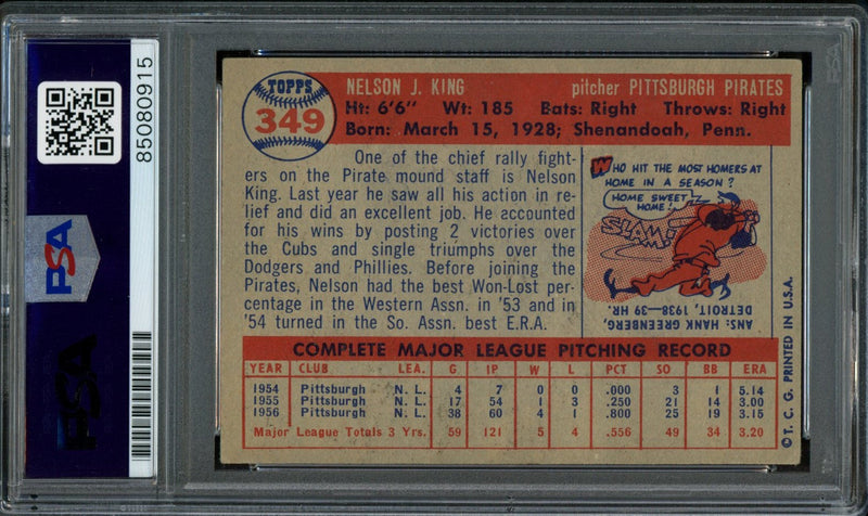 Nelson King Signed 1957 Topps Trading Card #349 Pirates PSA/DNA 184006