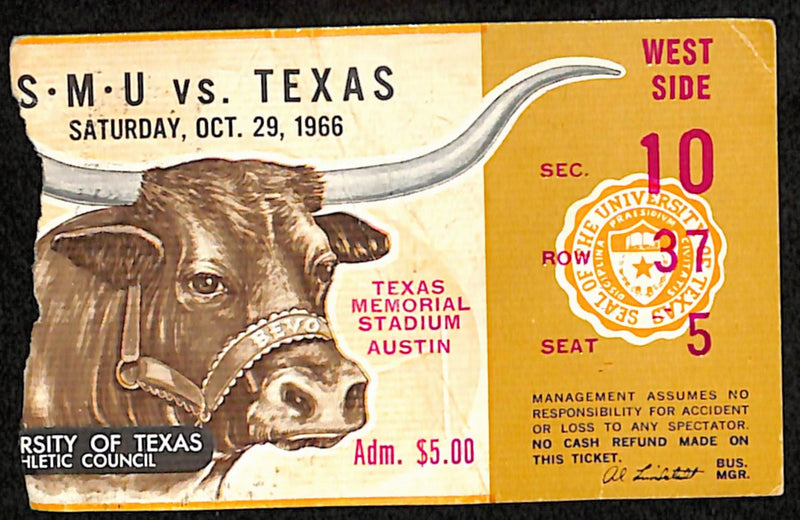 Texas Longhorns Football Ticket VS SMU 10/29/1966 187570