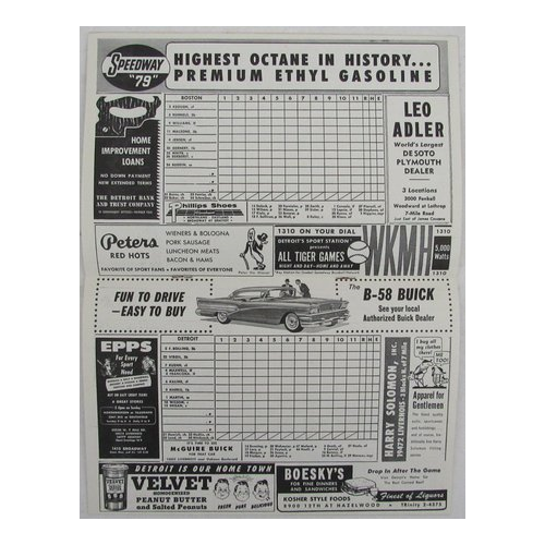 1958 Scorecard Tigers vs. Red Sox and Tigers Team Issued Envelope 190259
