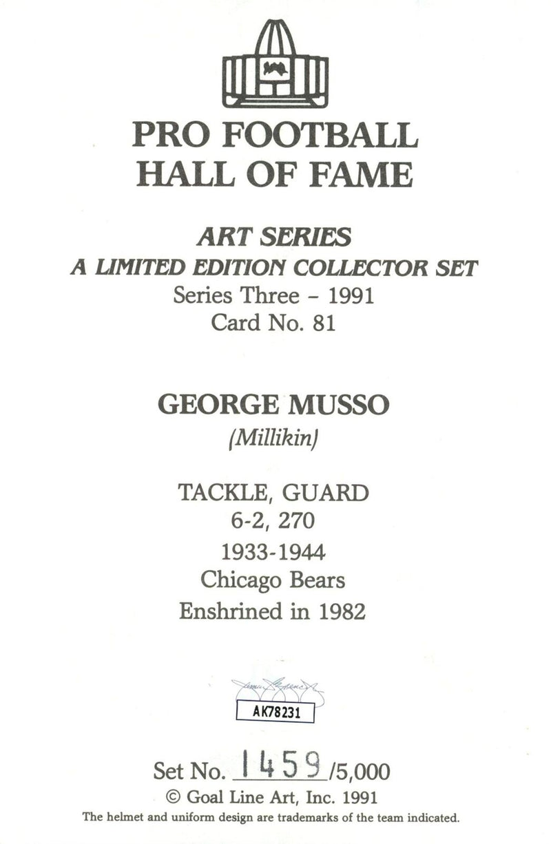 George Musso HOF Autographed Goal Line Art GLAC Postcard Bears JSA 180891
