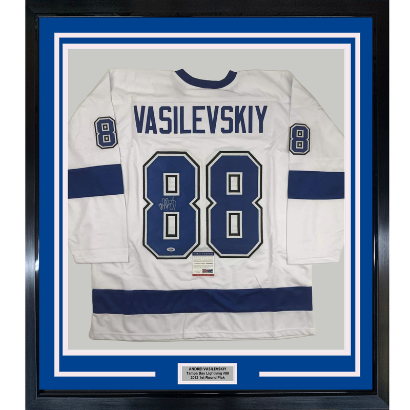 Framed Autographed/Signed Andrei Vasilevskiy 35x39 Tampa Bay White Hockey Jersey PSA/DNA COA