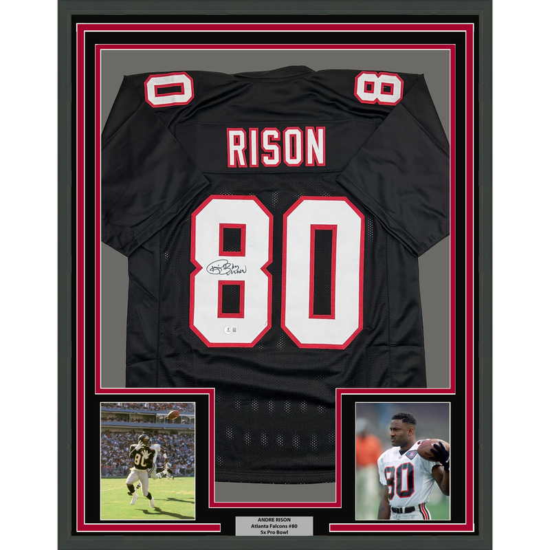 Framed Autographed/Signed Andre Rison 35x39 Atlanta Black Football Jersey Beckett BAS COA